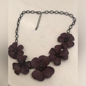 Chunky eggplant coloured layered petal flower necklace with beading